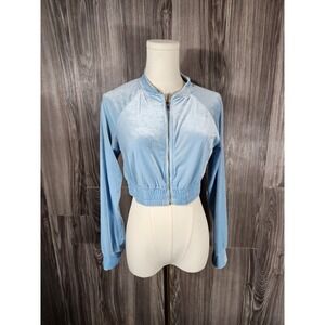 Shein Light Blue Velvet Cropped Bomber Jacket Velour Full Zip Long Sleeve Med